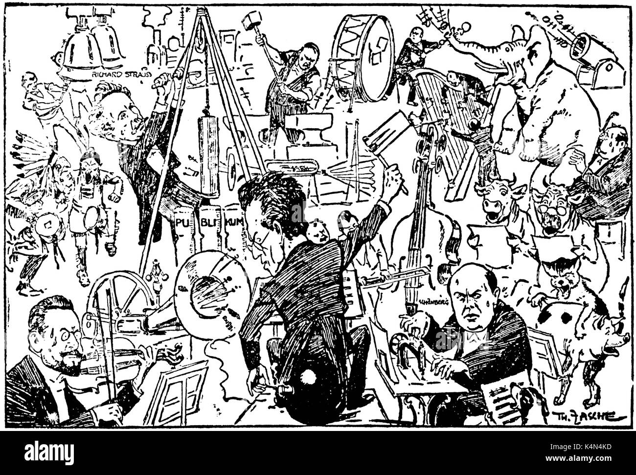 Gustav Mahler in caricature by Theo Zasche. 'The Modern Orchestra'. Austrian composer, 1860-1911.  Mahler, sitting on bomb, conducts with a rattle, Schoenberg works at a sewing machine, Strauss drops a heavy weight on the public, Arnold Rose (Mahler's brother-in-law) plays a double violin with two bows. 1st pub. 'Illustrierten Wierner Extrablatt', 31st March 1907. Stock Photo