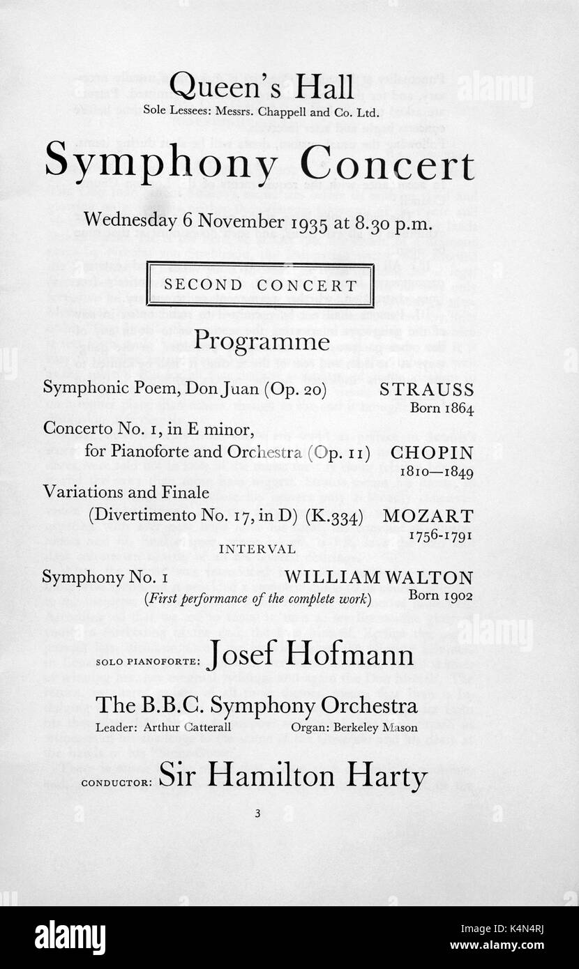 WALTON, Sir William Programme of first performance of complete work of Symphony No.1 at the Queen's Hall / Queens Hall, 6 November 1935 English Composer (1902-1983) Stock Photo