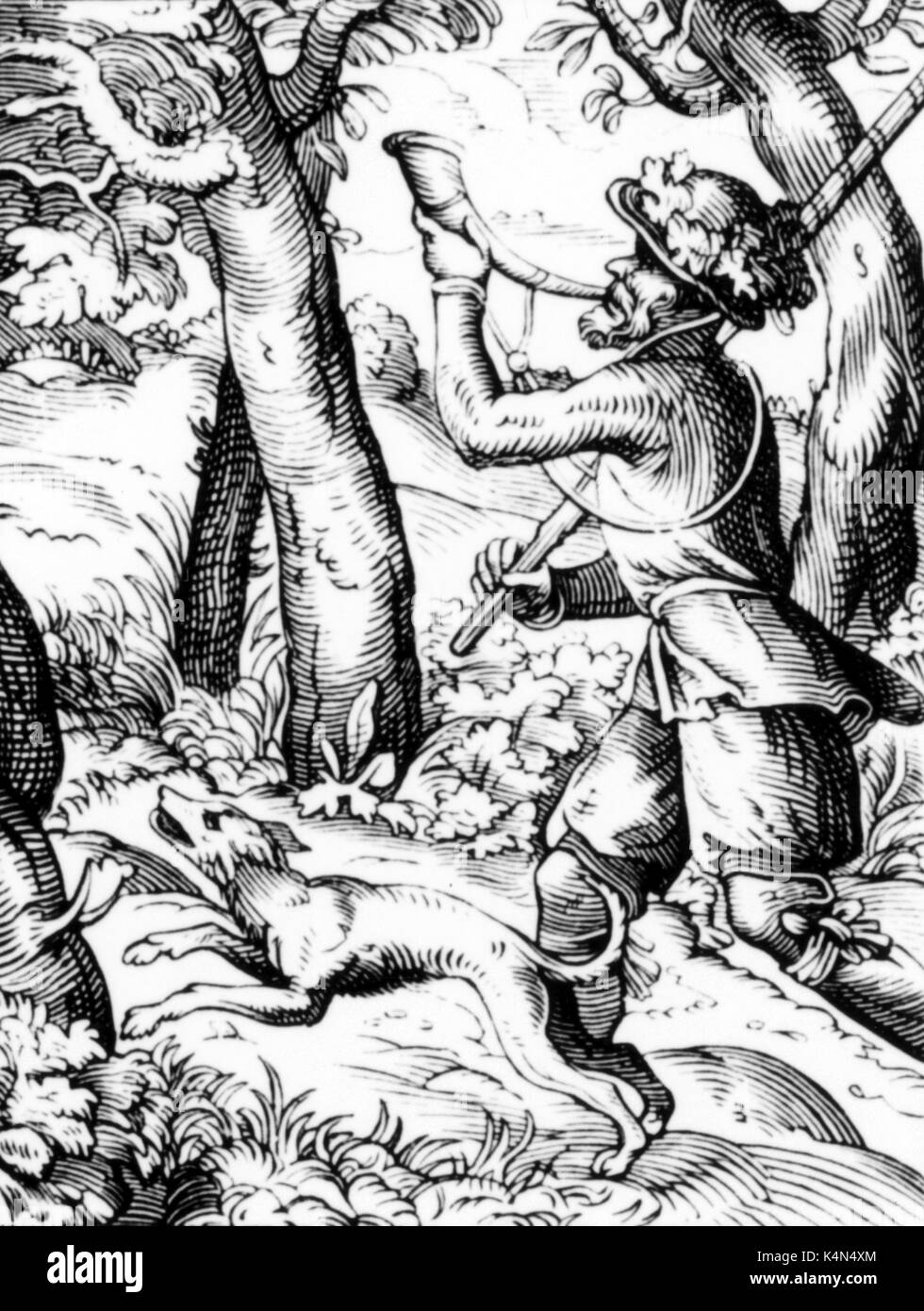 Hunting horn - Man blowing hunting horn, with dog. Woodcut, c. 1570 Stock Photo