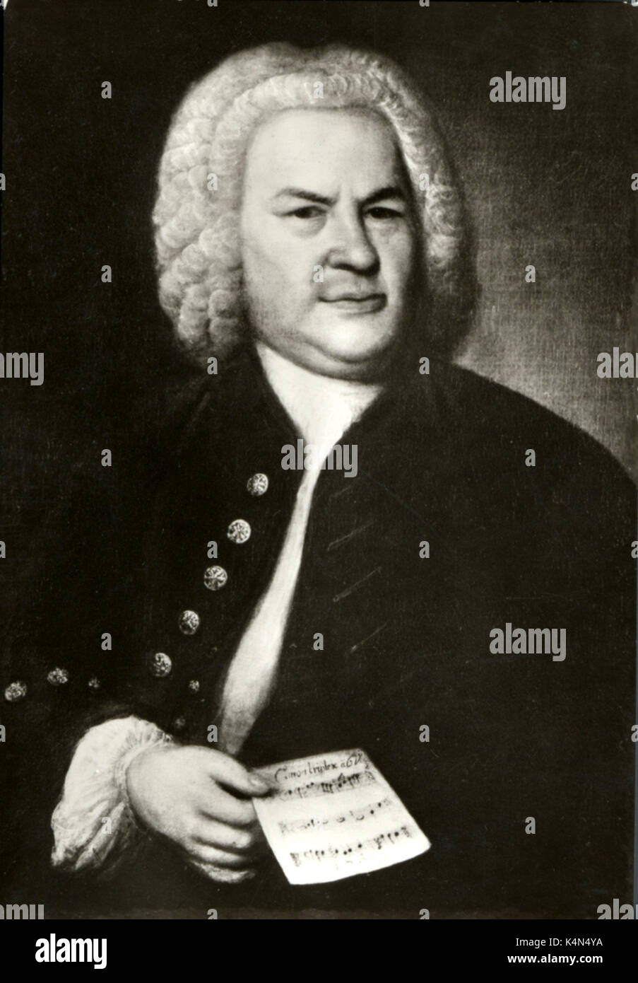 Johann Sebastian Bach - portrait holding a score. German composer & organist, 1685-1750 Stock Photo