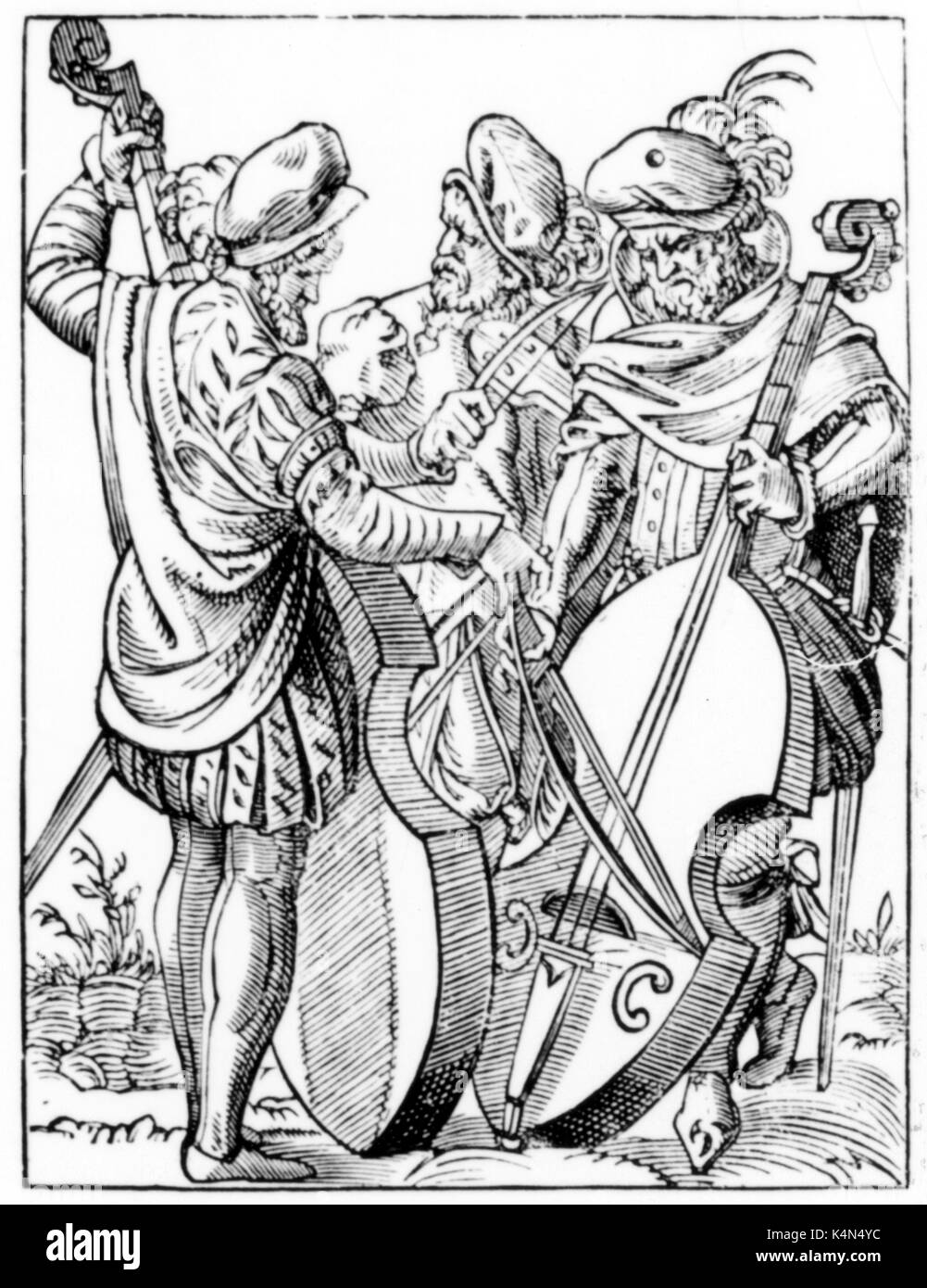 Musicians playing in consort - two playing bass viol and one playing vielle Woodcut c1570 by Joost Amman. Stock Photo