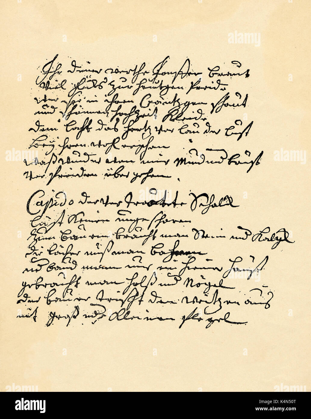 BACH, Johann  Sebastian  - poem to his bride handwritten poem from Bach to his bride - possibly 2nd wife - Anna Magdalena Wilcke.  German composer & organist, 21 March 1685-28th July 1750 Stock Photo