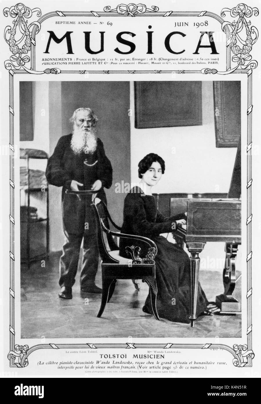 LANDOWSKA, Wanda (Alexandra)  playing harpsichord at Tolstoy's home.  Cover of 'Musica' magazine June 1908.  Polish harpsichordist & pianist (1879-1959). Stock Photo