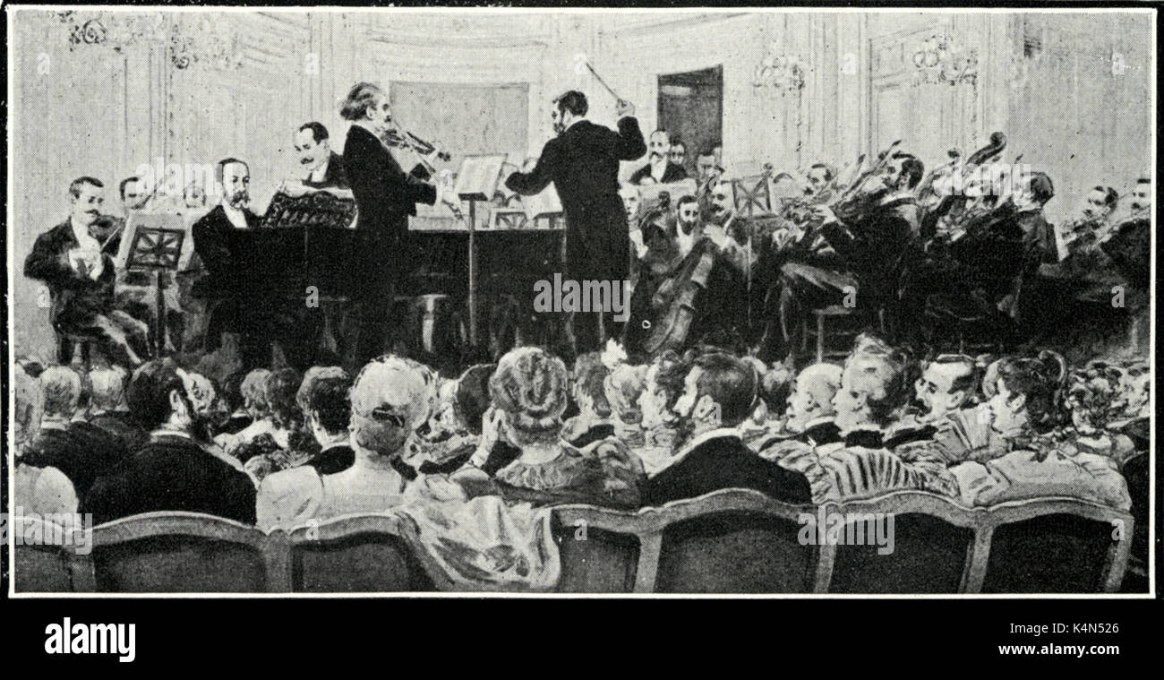 Camille Saint-Saens playing at Salle Pleyel, 2-6-1896. Festival-Concert for  50th Anniversary of Salle Pleyel. Saint-Saens at Piano; Sarasate playing  Violin. Taffanel conducting. Orchestra. Audience. French composer  (1835-1921 Stock Photo - Alamy