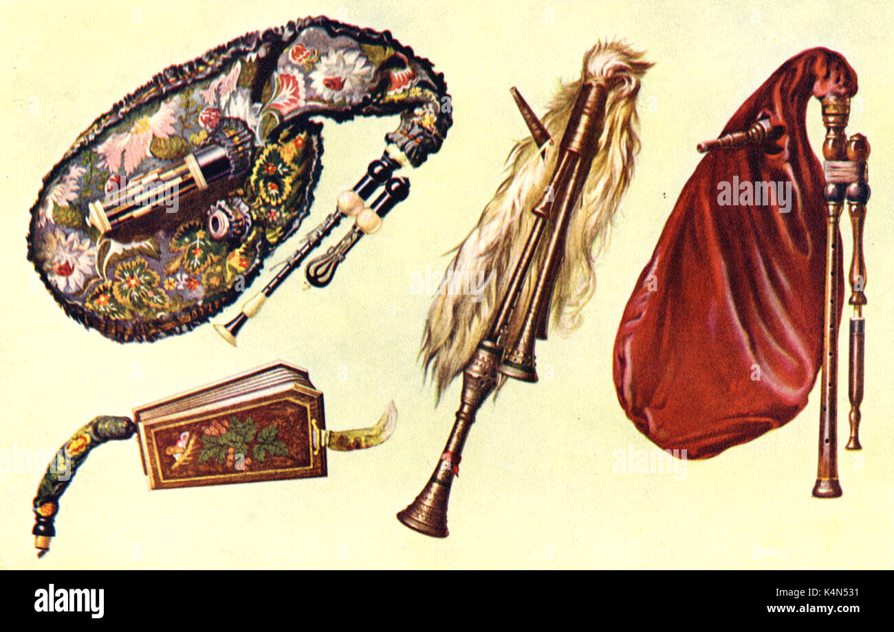 INSTRUMENTS - WIND - BAGPIPES l-r: Musette (French)(with bellows, worked by player's arm); Calabrian Bagpipe/Zampogna (Italian); Cornemuse.  Traditional celtic instrument. Drawn by Hipkins, 1921   (Alfred James Hipkins 1826-1903) Stock Photo