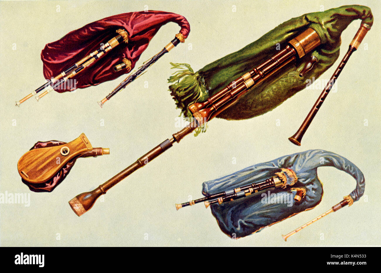 INSTRUMENTS - WIND - BAGPIPES - British Modern Northumbrian Bagpipe (crimson bag); Ancient Northumbrian Bagpipe (blue bag);       Traditional Celtic Pipes.  Lowland Scotch Bagpipe (green bag). Drawn by Hipkins, 1921.  (Alfred James Hipkins 1826-1903) Stock Photo