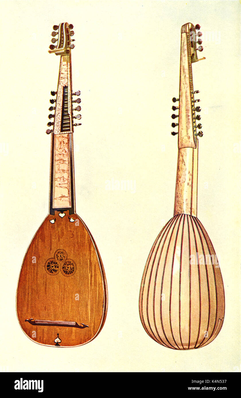 INSTRUMENTS - EARLY - LUTE - THEORBO Theorbo made by Giovanni Krebar, Padua, 1629.  Front and Back Views Drawn by Hipkins, 1921. (Alfred James Hipkins 1826-1903) Stock Photo