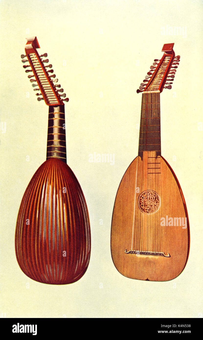 INSTRUMENTS - EARLY - LUTE Italian Lute, c1600 (label reads - 1600, in Padova Vvendelio Venere) Front and Back Views Drawn by Hipkins, 1921. (Alfred James Hipkins 1826-1903) Stock Photo