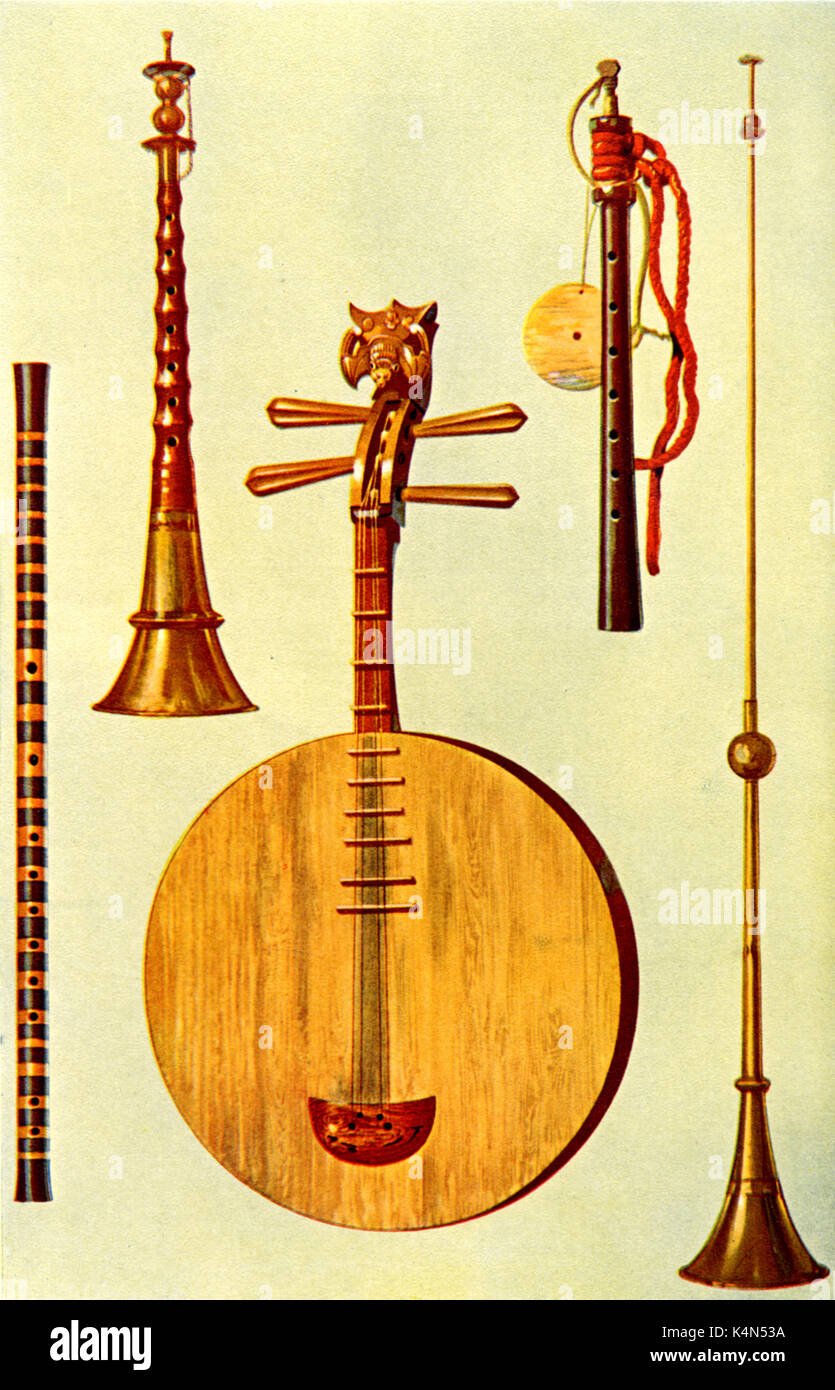 INSTR/WORLD - CHINA l-r: Ti-Tzu (flute); So-na; Yueh-Chin (moon guitar); Hiji-riki; La-pa (trumpet) Drawn by Hipkins, 1921. (Alfred James Hipkins 1826-1903) Stock Photo