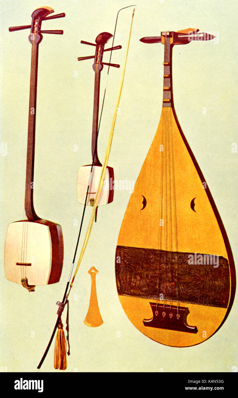 INSTR/WORLD - JAPAN l-r: Samisen (played with plectrum); Kokiu (played with bow); Biwa Drawn by Hipkins, 1921. (Alfred James Hipkins 1826-1903) Stock Photo
