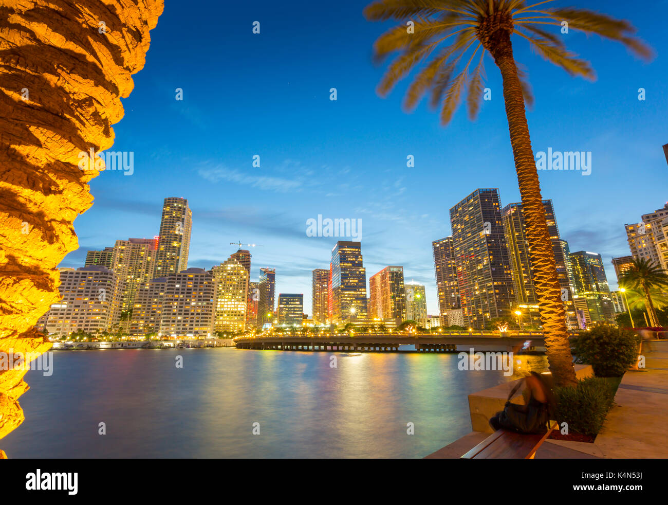 Downtown Miami skyline from Brickell Key at dusk, Downtown Miami, Miami, Florida, United States of America, North America Stock Photo