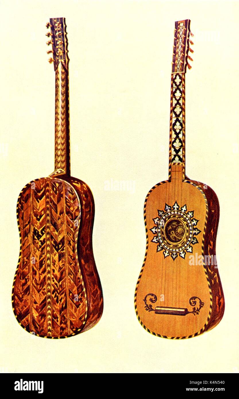 Rizzio Guitar - RENAISSANCE 'The Rizzio Guitar' - Spanish Renaissance Guitar of tortoisesell, mother of pearl, ivory and ebony said to have belonged to David Rizzio Drawn by Hipkins, 1921. (Alfred James Hipkins 1826-1903) Stock Photo