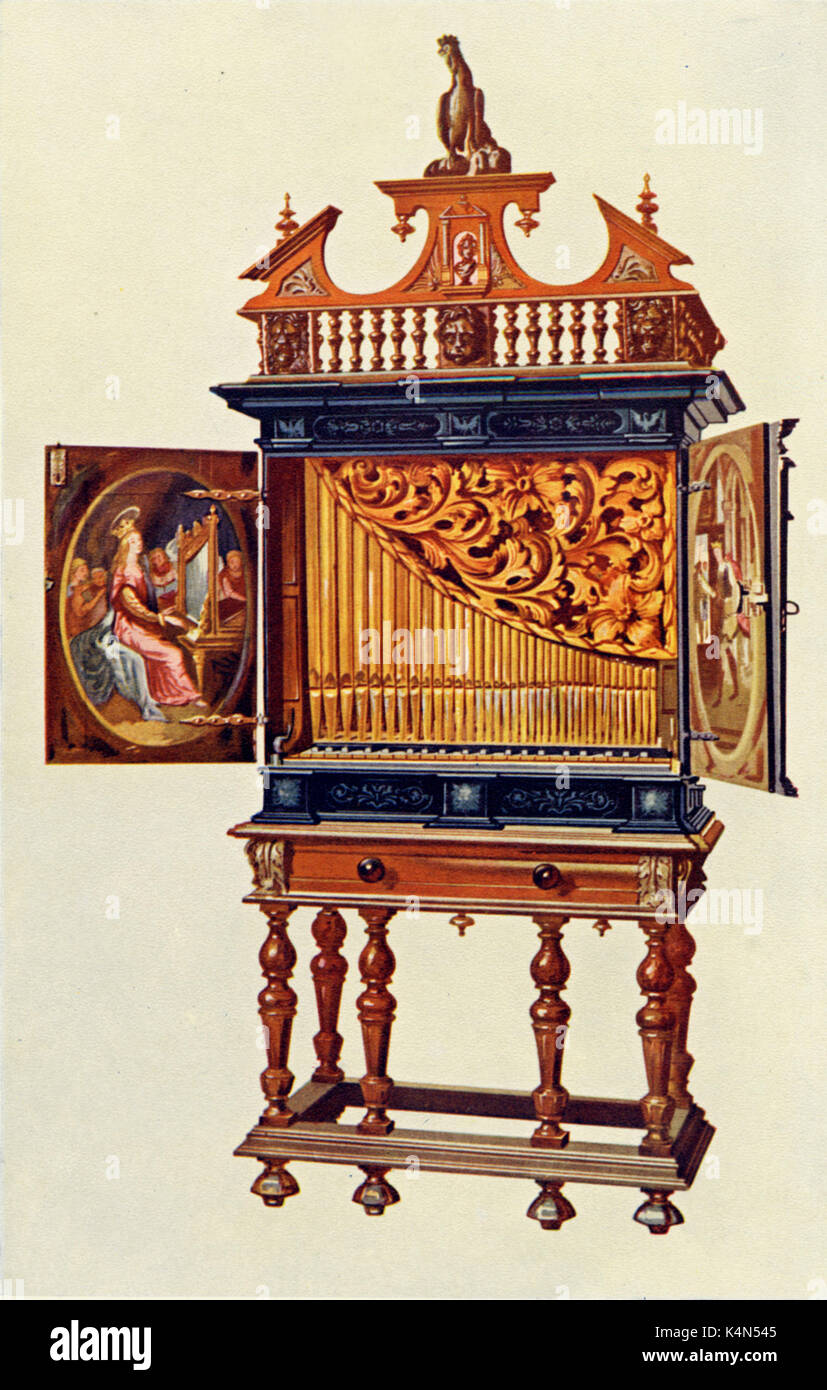 INSTR - KEYBOARD - ORGAN - POSITIVE ORGAN French Positive Organ/Chamber organ - mid 17thC (Louis XIII) drawn 1921, by Hipkins. (Alfred James Hipkins 1826-1903) Stock Photo