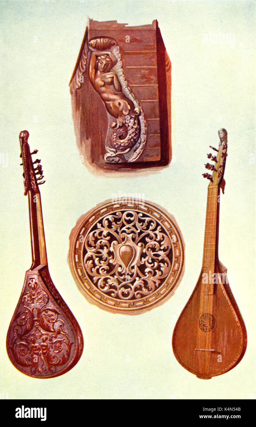 INSTR - EARLY - CITTERN Cetera/Cittern.  Details showing elaborate carving on rose, back & scroll, Italian, early 16thC drawn 1921, by Hipkins. (Alfred James Hipkins 1826-1903) Stock Photo