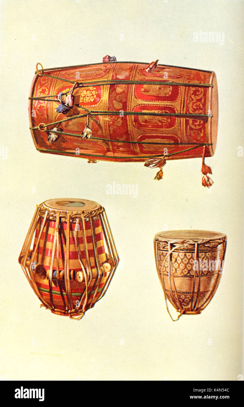 INSTR/WORLD - INDIA Indian Drums: Wooden Drum (above); Tabla/M'ridang (below, l); earthenware Tam-Tam (below, r) drawn 1921, by Hipkins. (Alfred James Hipkins 1826-1903) Stock Photo