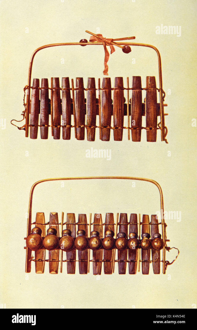 INSTR - PERCUSSION - MARIMBA Zulu harmonicon.  South Africa. )African type xylophone) drawn 1921, by Hipkins. (Alfred James Hipkins 1826-1903) Stock Photo
