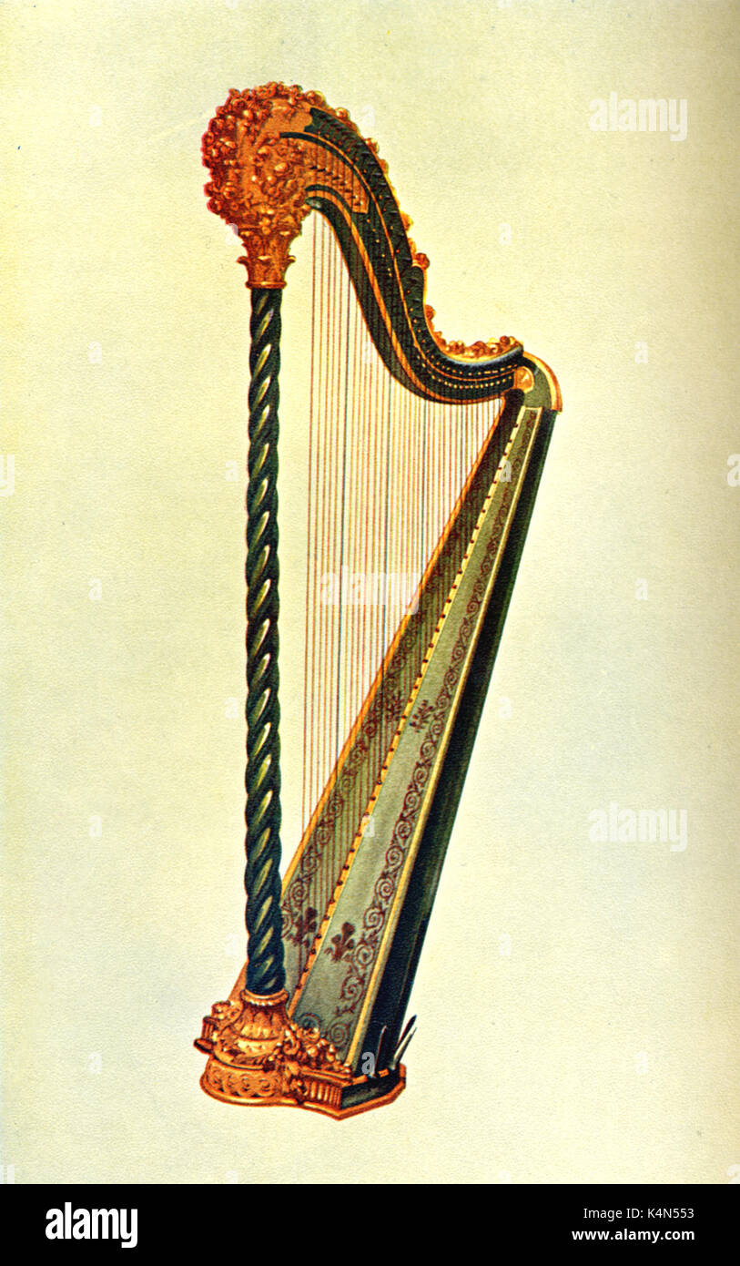 INSTR - STRING - HARP Pedal Harp (once in the possession of George IV - early 19thC) drawn 1921, by Hipkins. (Alfred James Hipkins 1826-1903) Stock Photo