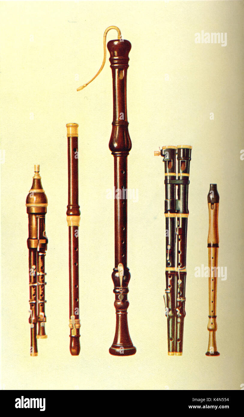 INSTR -WIND - GENERAL l-r: Double Flageolet; German Flute; Bass Recorder; Double Flageolet; Recorder drawn 1921, by Hipkins. (Alfred James Hipkins 1826-1903) Stock Photo
