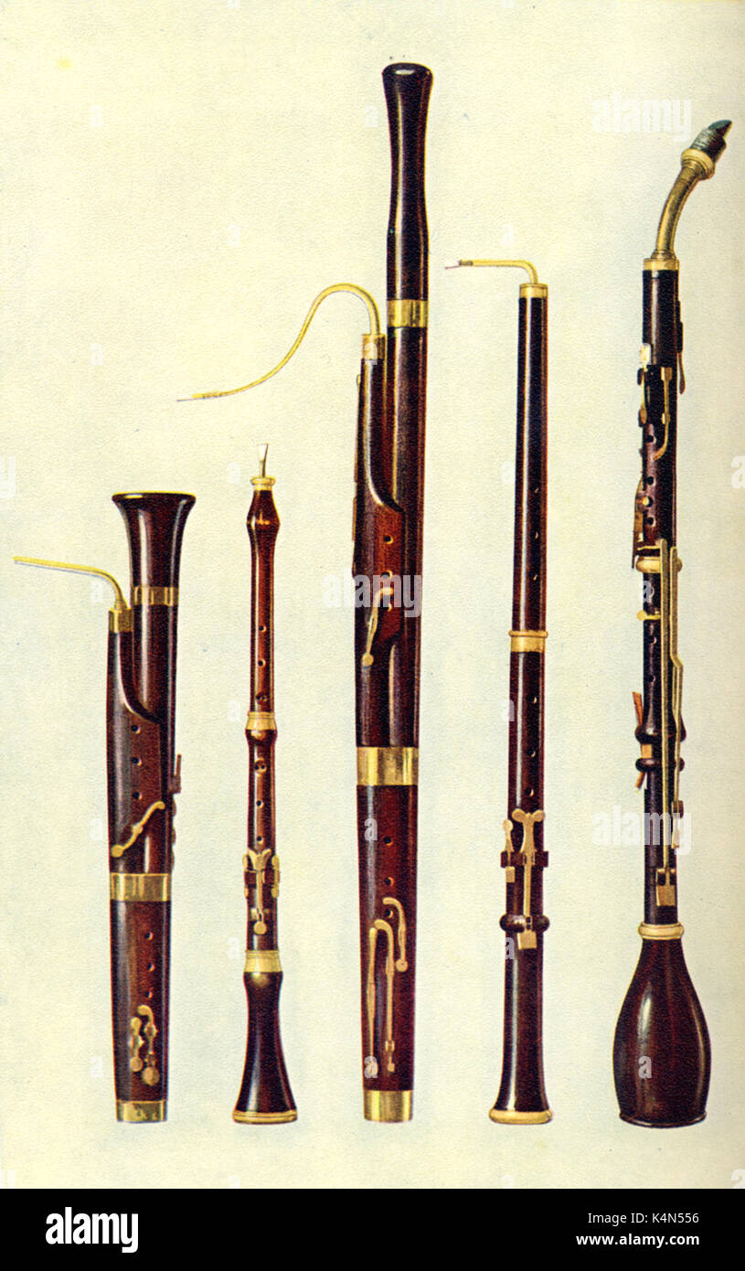INSTR - WIND - GENERAL l-r: Dolciano; Oboe; Bassoon; Oboe da Caccia; Basset Horn       Orchestral Wind Instruments drawn 1921, by Hipkins. (Alfred James Hipkins 1826-1903) Stock Photo