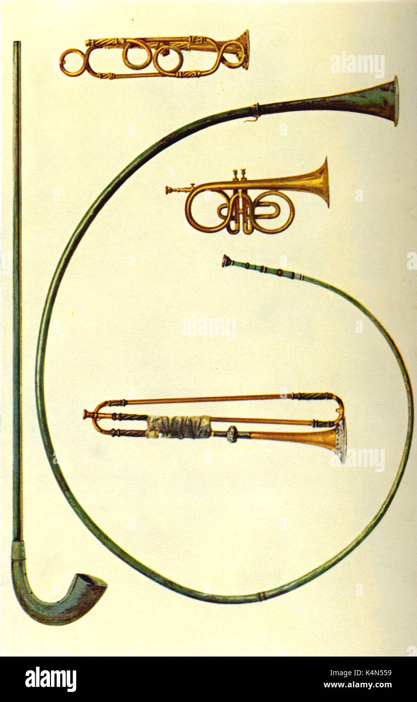 INSTR - BRASS - GENERAL Lituus (straight with curved end); Buccina (curved); Cornet; 2 Trumpets (made by J W Haas, Nuremberg) drawn 1921, by Hipkins. (Alfred James Hipkins 1826-1903) Stock Photo