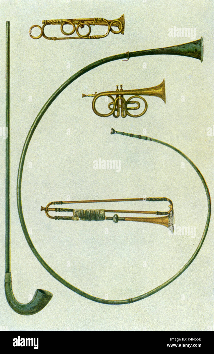 Roman instruments. Lituus (straight, curved end, type of karnyx) -  Used by Roman Cavalry.  Buccina (curved) used by Roman Infantry. Also, cornet and two Trumpets (made by J W Haas). Stock Photo