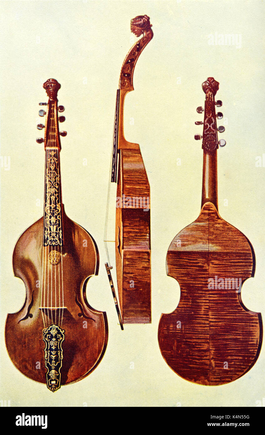 INSTRUMENTS - EARLY - VIOL - VIOLA D'AMORE 17thC Viola D'Amore - Front, side and back views.  nb shape of sound board & rose under fingerboard. Drawn by Hipkins, 1921. (Alfred James Hipkins 1826-1903) Stock Photo