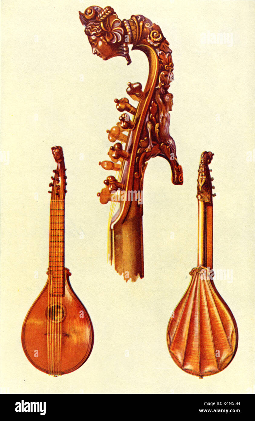 INSTR - EARLY - CITTERN - STRADIVARIUS Italian Cittern/Cetera by Stradivarius, dated 1700. nb elaborate carving on scroll/headbox.  Front & Back Views. Drawn by Hipkins, 1921. (Alfred James Hipkins 1826-1903) Stock Photo