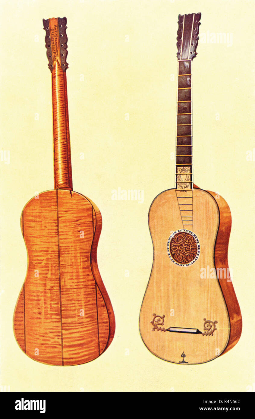 INSTR - STRING - GUITAR - BAROQUE Baroque Guitar by Stradivarius - inscription reads Ant Stradivarius Cremonenen F 1680 Front and back views Drawn by Hipkins, 1921. (Alfred James Hipkins 1826-1903) Stock Photo