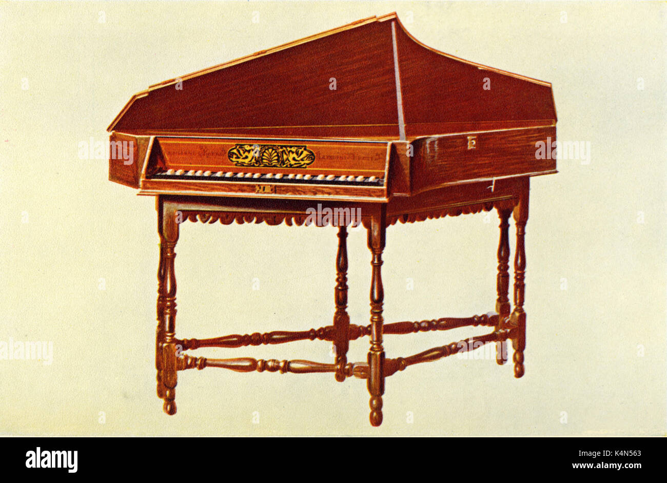 Transverse Spine English Spinet on 6 legged stand. Made by Stephen Keene, late 17thC tDrawn 1921, by Hipkins. (Alfred James Hipkins 1826-1903) Stock Photo