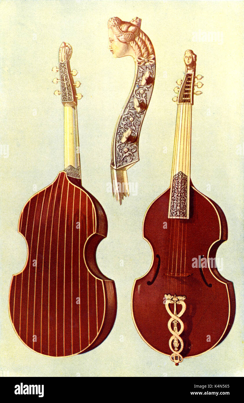 INSTR - EARLY - VIOL - VIOLA DA GAMBA Viola da Gamba, made by Joachim Tielke, 1701.  Made of Rosewood and Ivory.  Details showing front, back and pegbox/scroll Drawn by Hipkins, 1921. (Alfred James Hipkins 1826-1903) Stock Photo