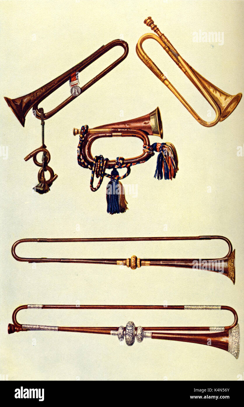 INSTR - BRASS - GENERAL - MILITARY Cavalry Bugle (with tassels); Cavalry Trumpet (embossed); Trumpet (with crooks - used at Battle of Salamanca, 1812)  Gilt Trumpet by Harris, 1730; Silver Trumpet by Bull, 1680 Drawn by Hipkins, 1921. (Alfred James Hipkins 1826-1903) Stock Photo