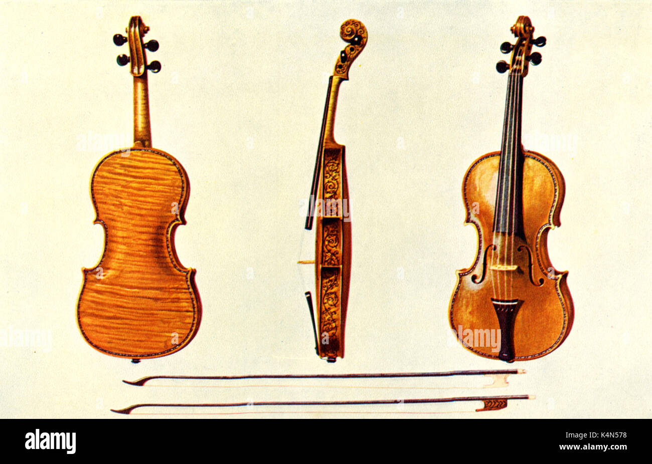 VIOLIN - STRADIVARIUS The 'Hellier' Stradivarius, made 1679, bought by S Hellier, 1734. Front, back and side views. Also bows by F Tourte Drawn 1921 by Hipkins. (Alfred James Hipkins 1826-1903) Stock Photo