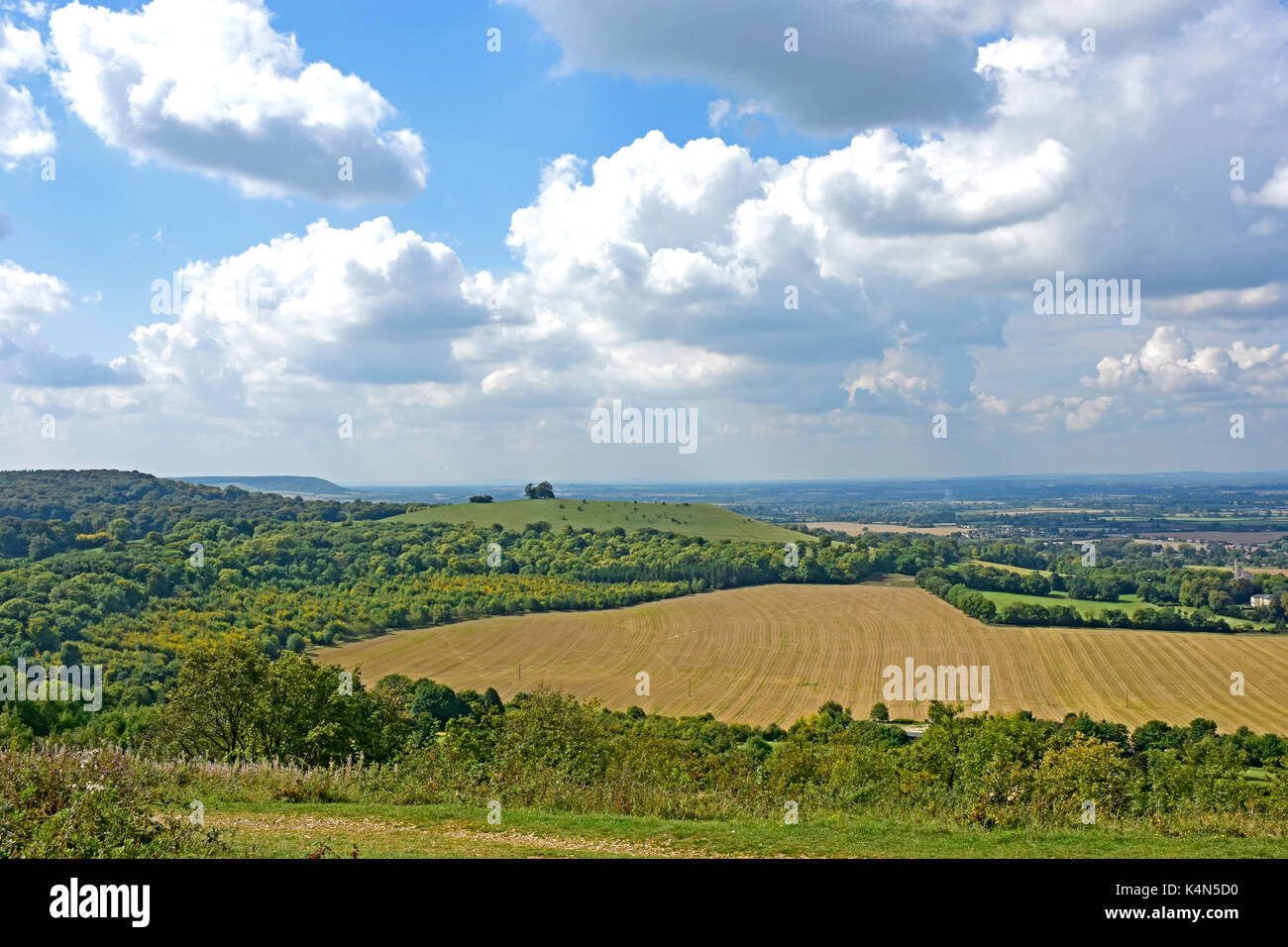 Chiltern Hills - view to Beacon Hill - Chequers Estate -Pulpit Hill beyond - fields - woodland - sunlight - cloud flecked blue sky Stock Photo
