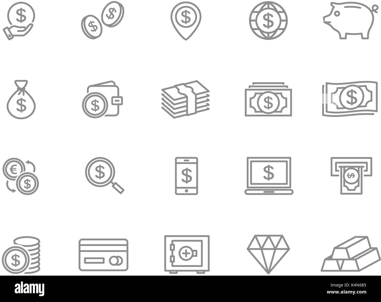 Set of vector bank and money line icons. Coin, cash, card, credit, atm, diamont, wallet, gold, deposit, purse, piggy, diamond, dollar, bag and more. Editable Stroke. Stock Vector