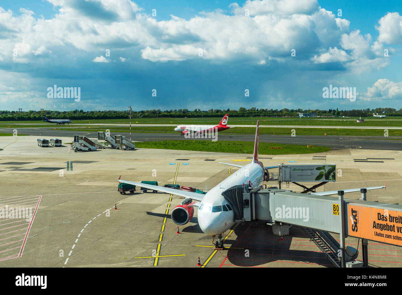 Dusseldorf, Germany - April 17, 2017: Plane taking off at Dusseldorf airport in Dusseldorf, Germany Stock Photo