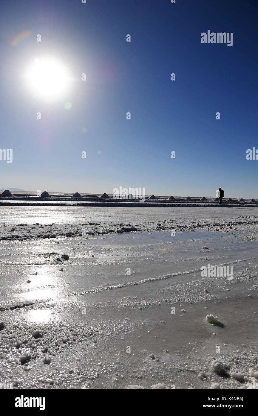 A man walking by some salt cones in the Salt flats in Uyuni, Bolivia Stock Photo