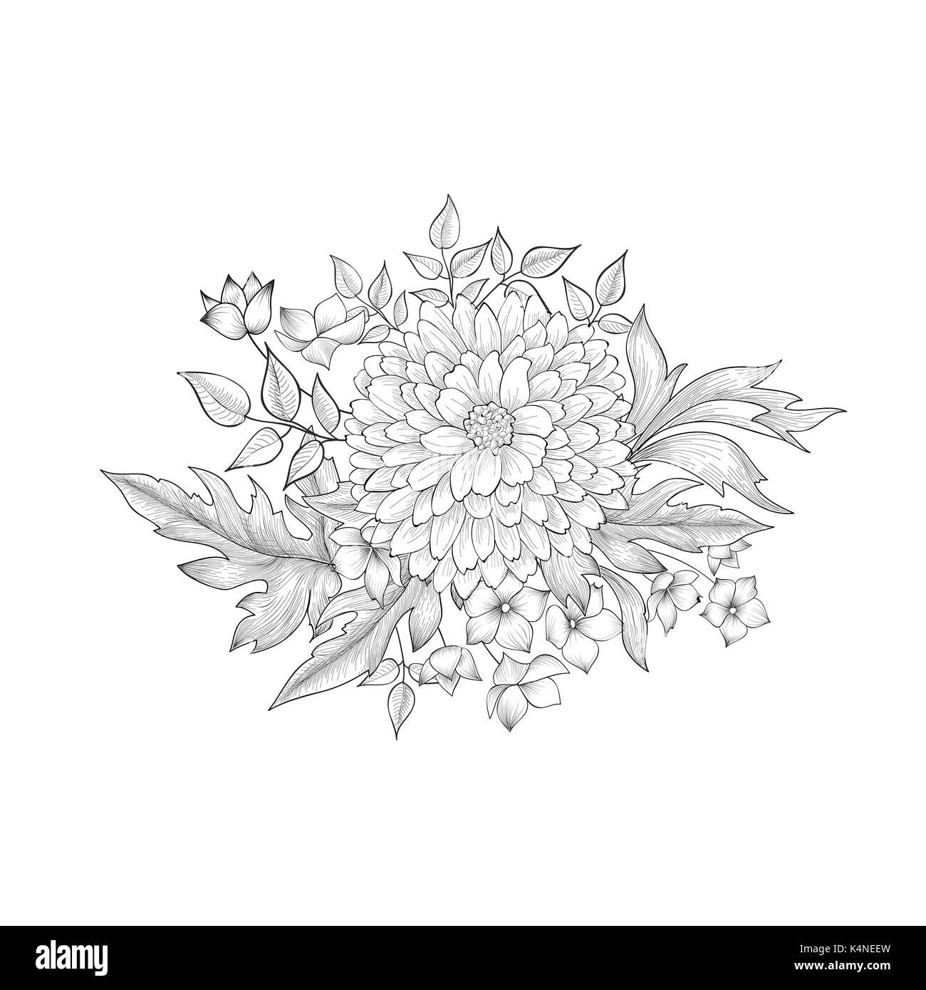 Floral bouquet. Flower engraving retro greeting card design Stock Vector