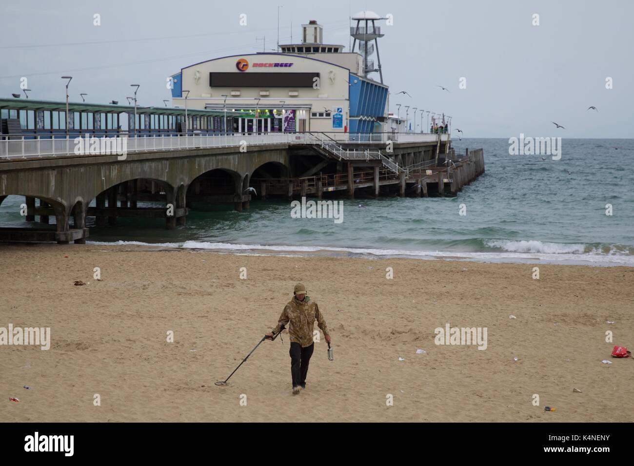 Man using a metal detector on Bournemouth beach with the Bournemouth pier in the background Stock Photo