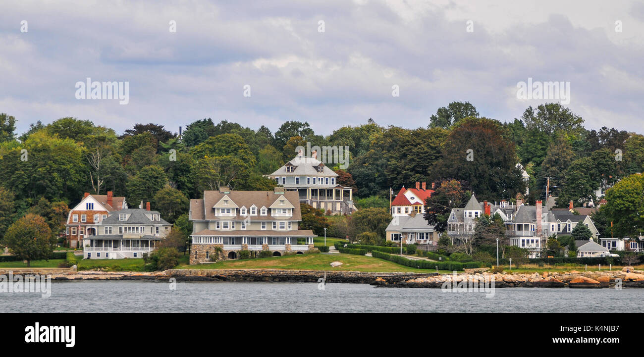 residential mansions at Groton, MA, seen from Long Island Ferry Stock Photo