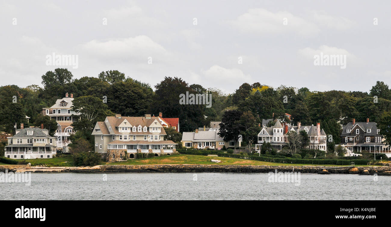 residential mansions at Groton, MA, seen from Long Island Ferry Stock Photo