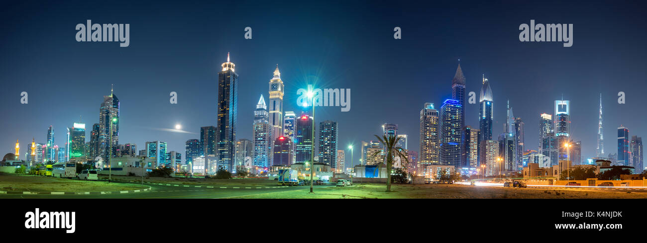 Night view of Dubai Skyline Stock Photo