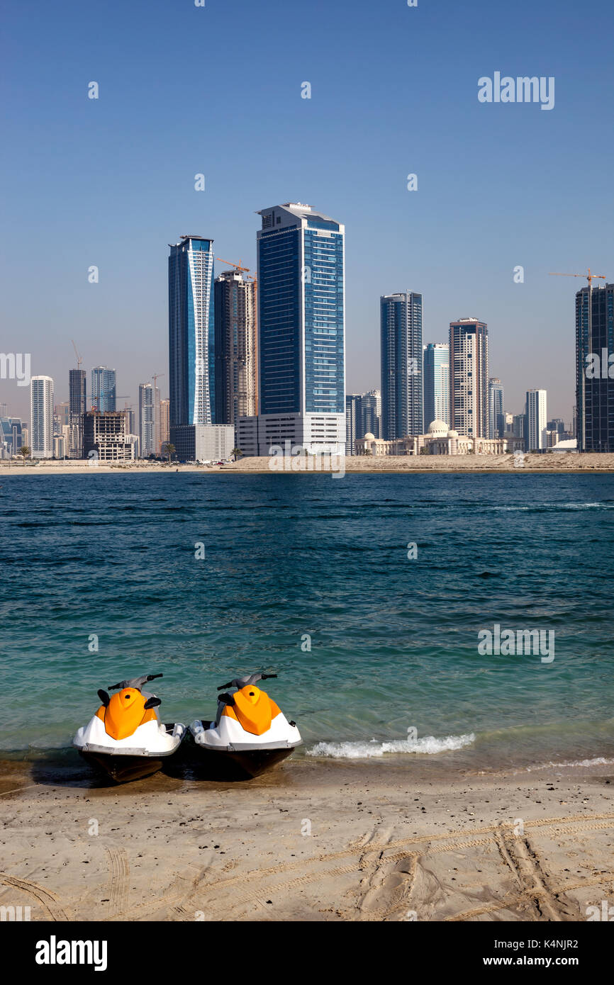 Jet ski in Abu Dhabi city with skyscrapers on the background Stock Photo