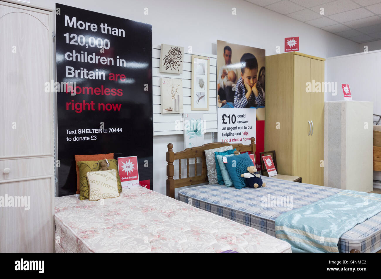 Furniture in Shelter charity shop in Middlesbrough, north east England