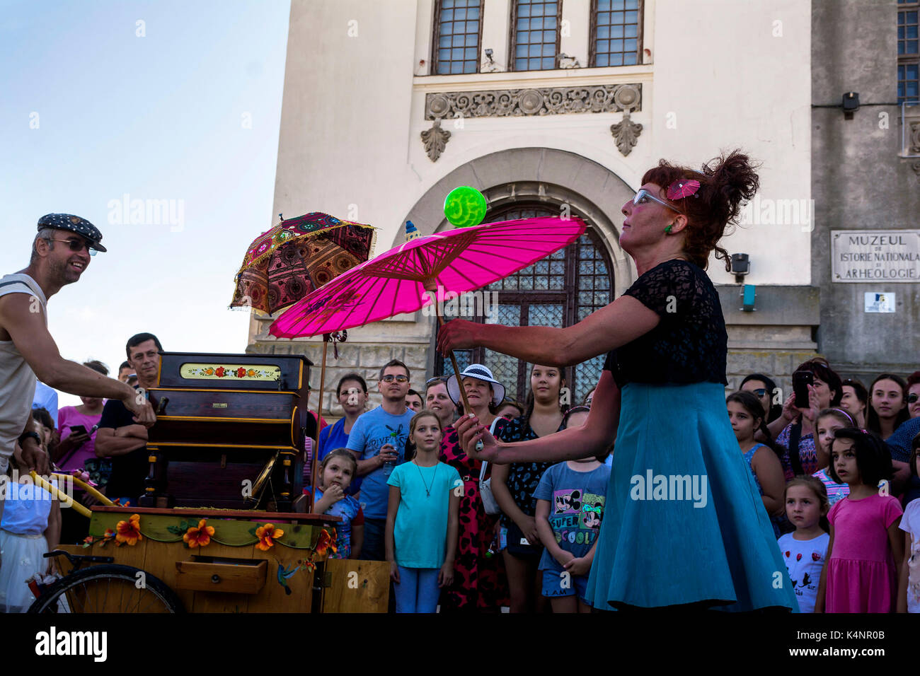 CONSTANTA, ROMANIA - SEPTEMBER3, 2017. Cirquet Confetti from Spain at  International Street Festival 'Art District ' at Ovidius Square of Constanta Stock Photo