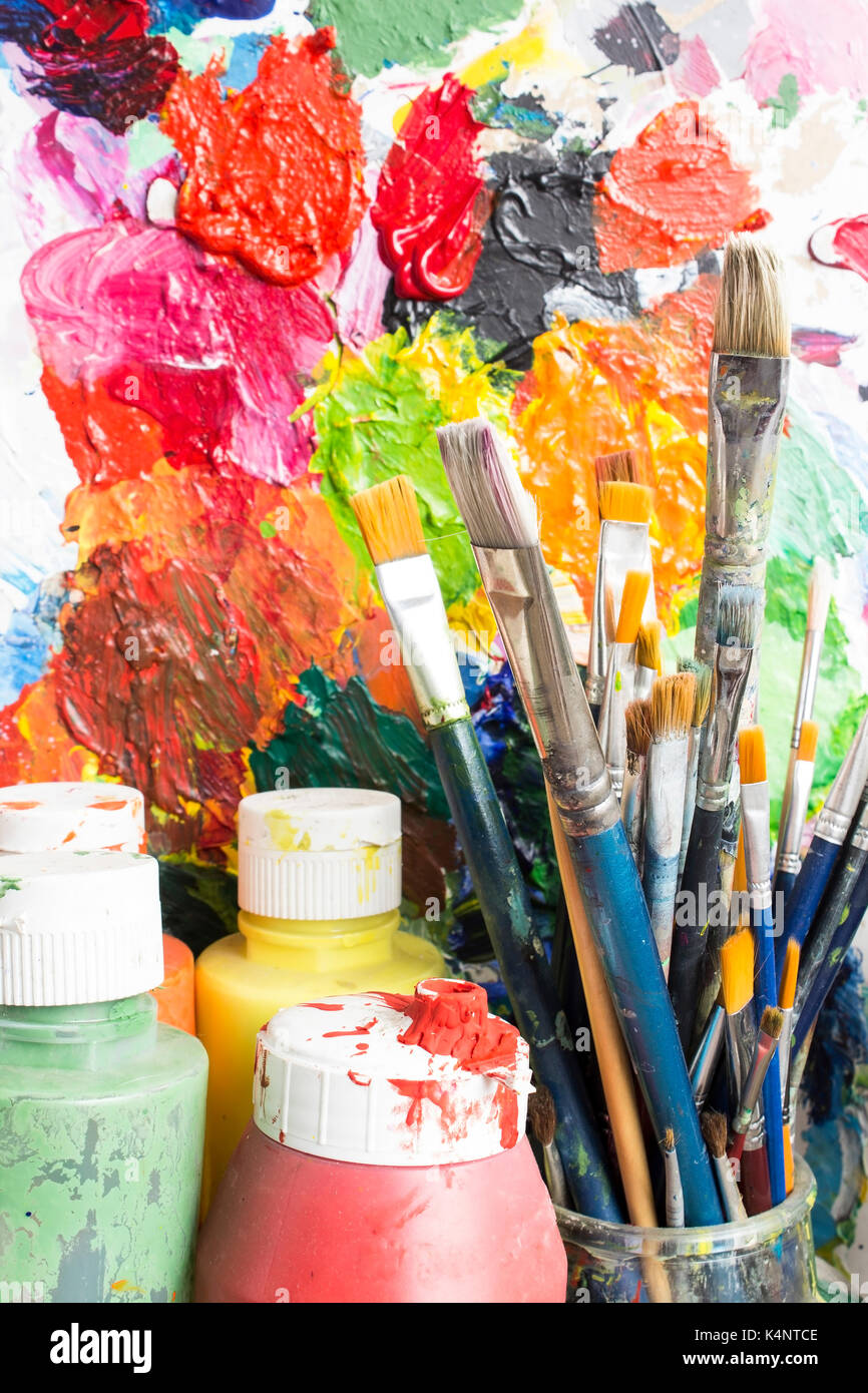 Art Equipment Set Canvas Board Paint Palette And Bucket With Paint Brushes  Stock Illustration - Download Image Now - iStock