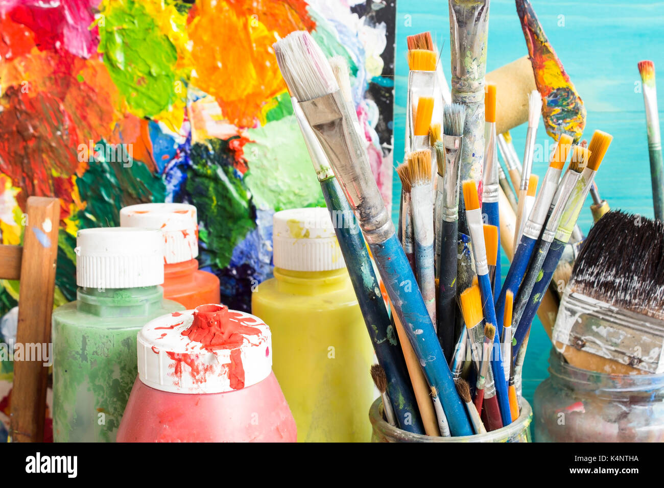 Painting equipment, paint, brushes and  pallet. Stock Photo