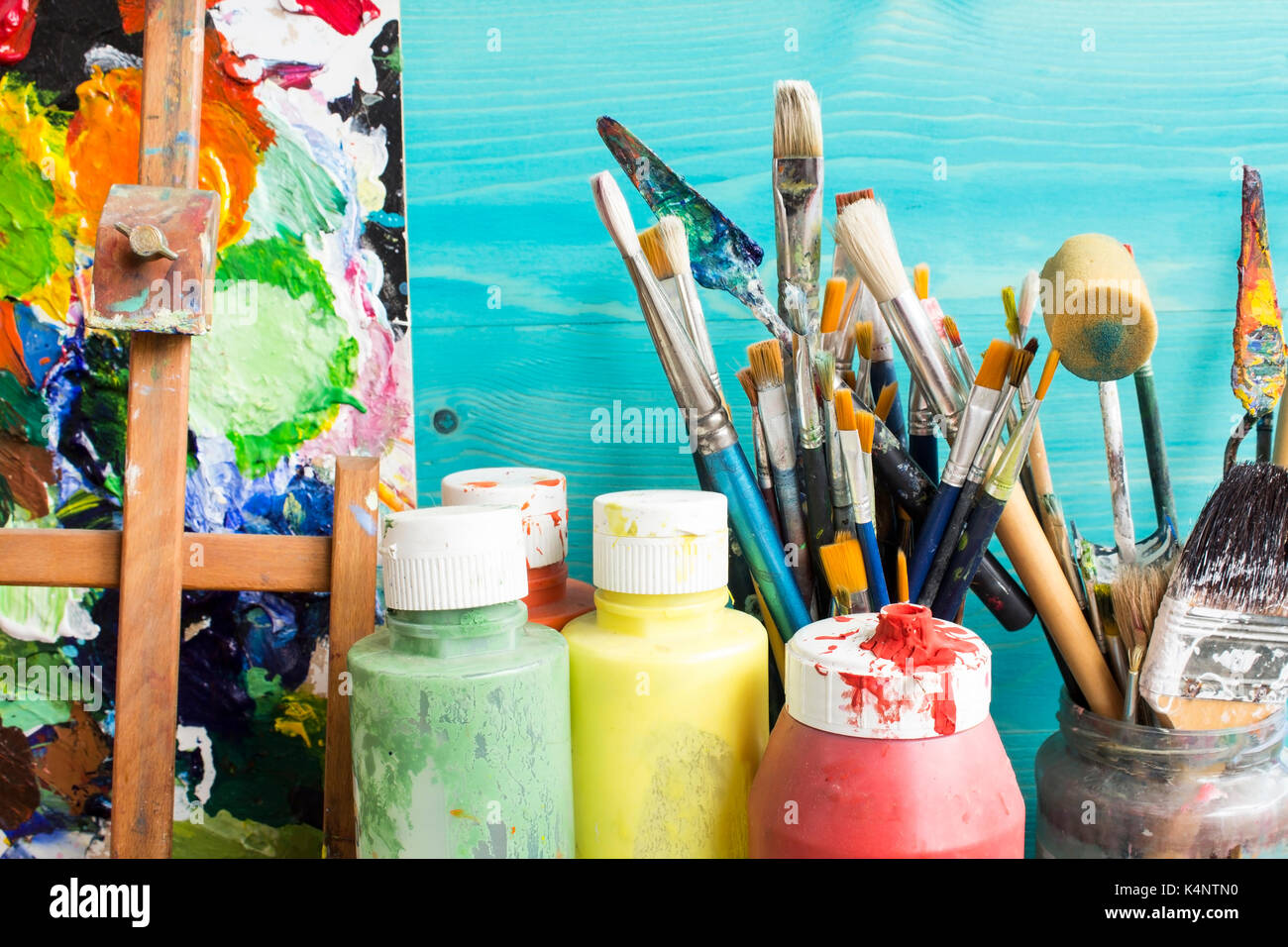 Art Equipment Set Canvas Board Paint Palette And Bucket With Paint Brushes  Stock Illustration - Download Image Now - iStock