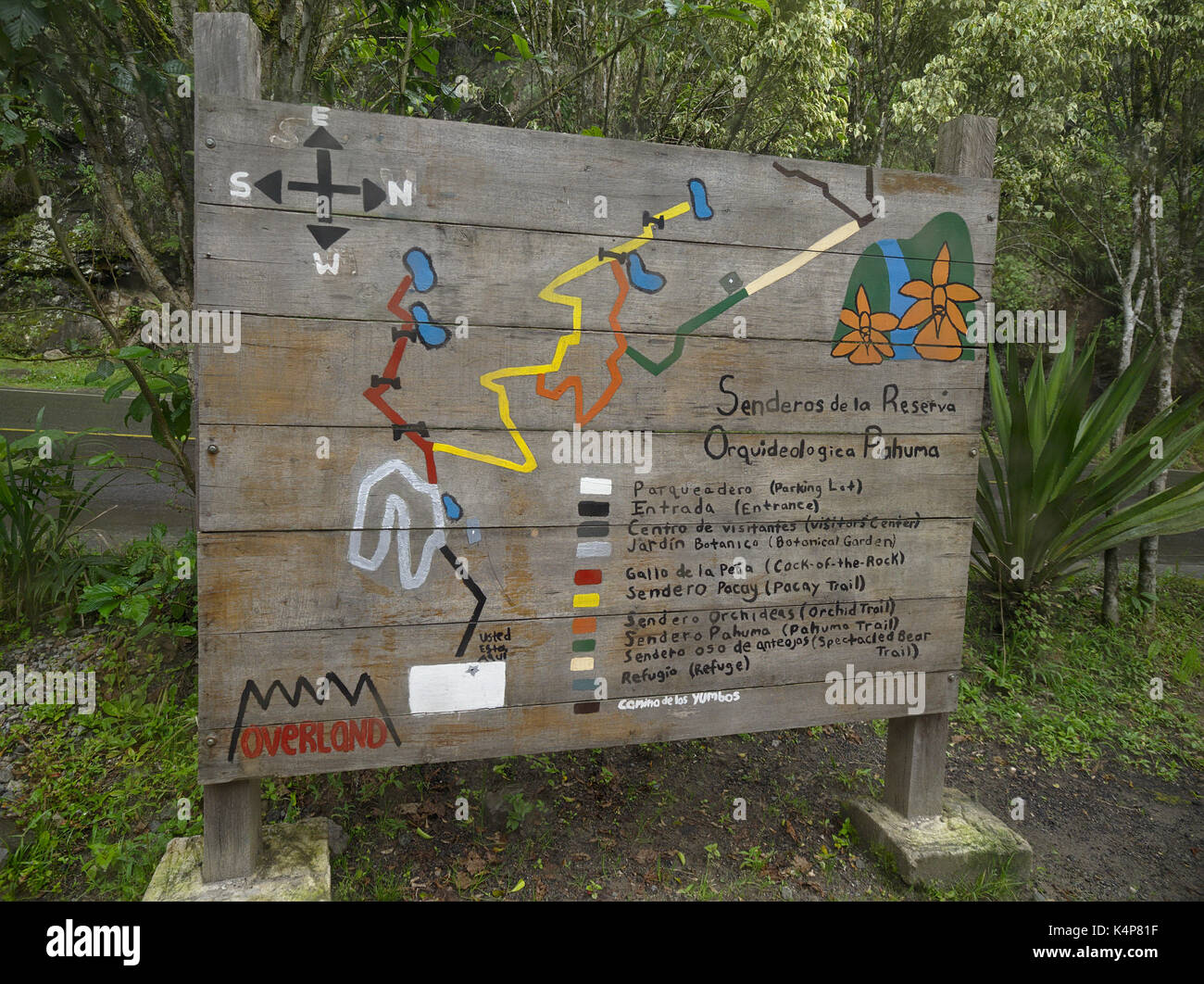 PAHUMA RESERVE, ECUADOR - 2017: Map of the Pahuma orchid reserve, located about an hour northwest of Quito. Stock Photo