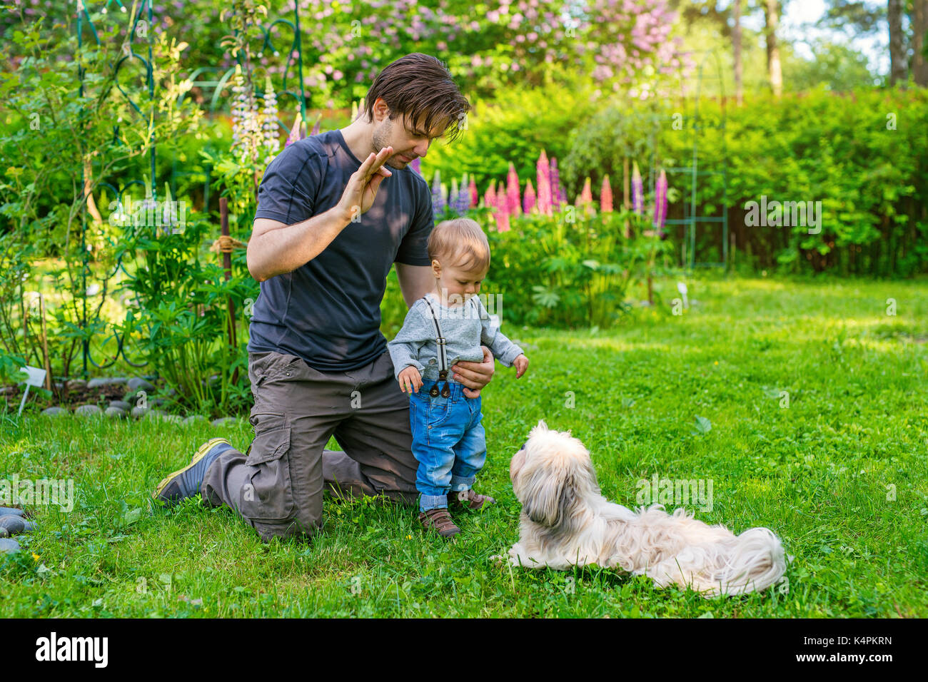 Father teaching son how to command the dog in summer green garden Stock Photo