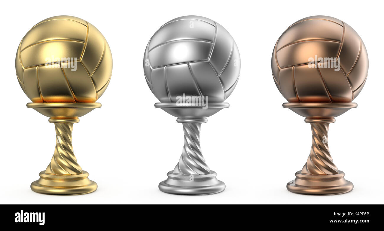 Gold, silver and bronze trophy cup VOLLEYBALL 3D render illustration